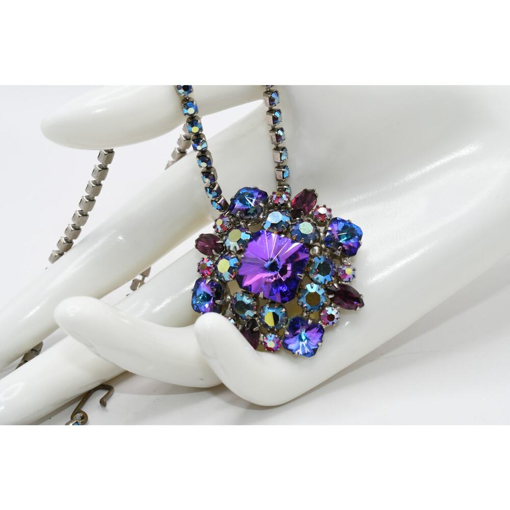 Vintage Jewel Tone Rhinestone Pendant Necklace Aurora Borealis Chain
